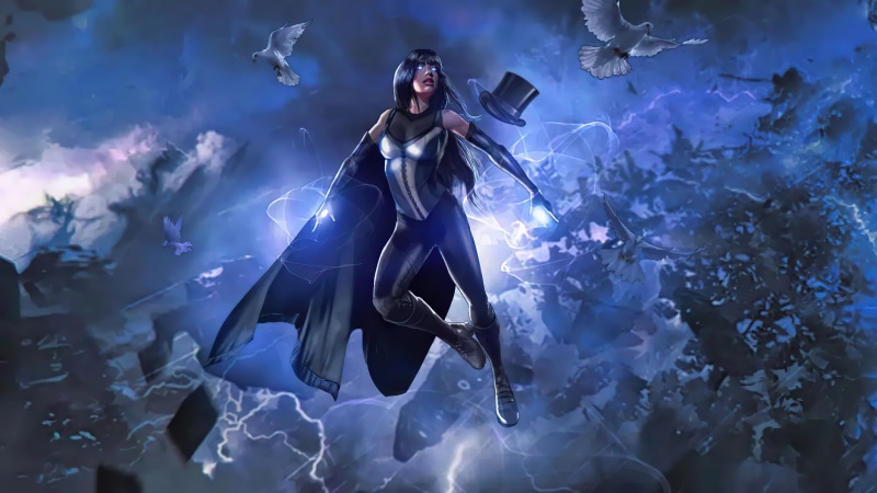 Zatanna floating with doves and lightning