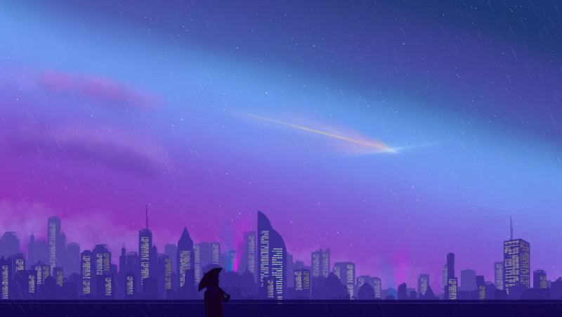 Cityscape with Meteor Shower at Night