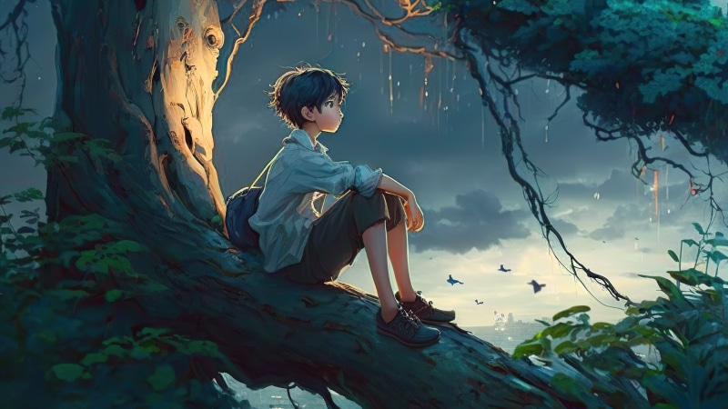 Boy sitting on a tree branch, digital art 4K
