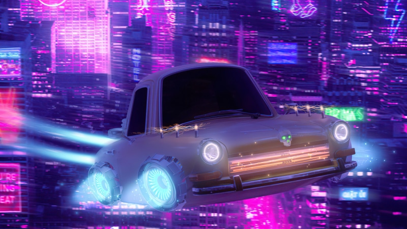 Retro flying car in a neon cyberpunk city