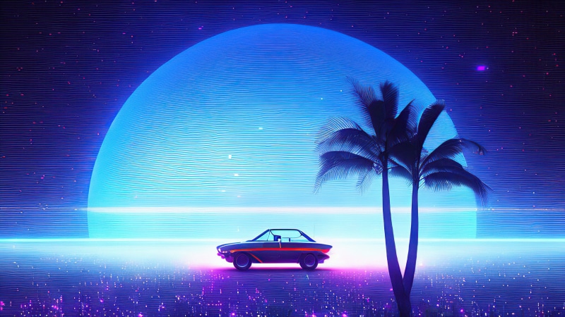Retrowave car and palm trees under a large moon