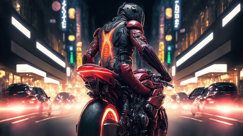 Cyberpunk biker in a neon city at night