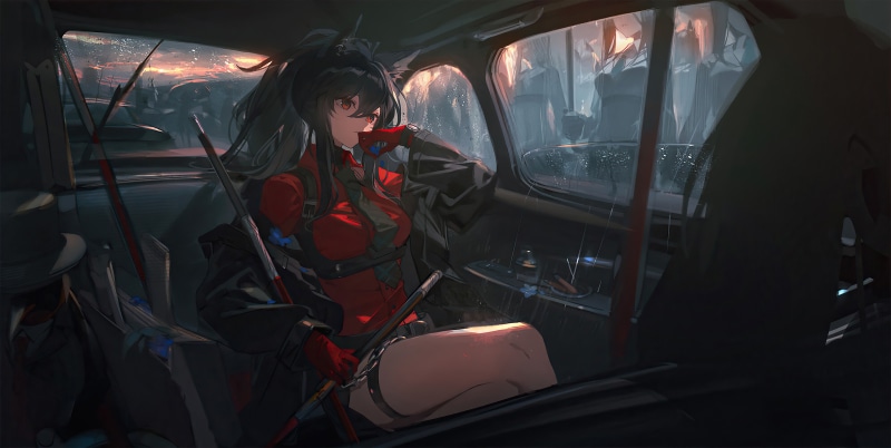 Anime girl in red outfit inside a car