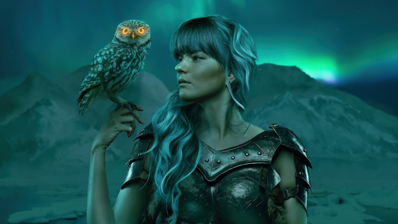 Woman with owl and aurora borealis