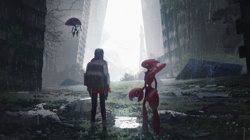 Person and robot in a rainy, ruined city