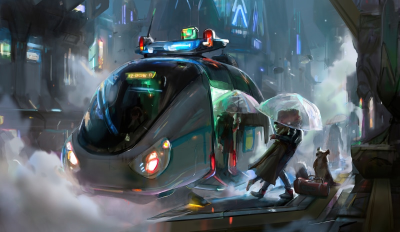 Couple with dog in futuristic city