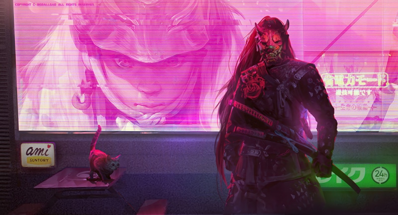 Cyberpunk samurai with oni mask and cat