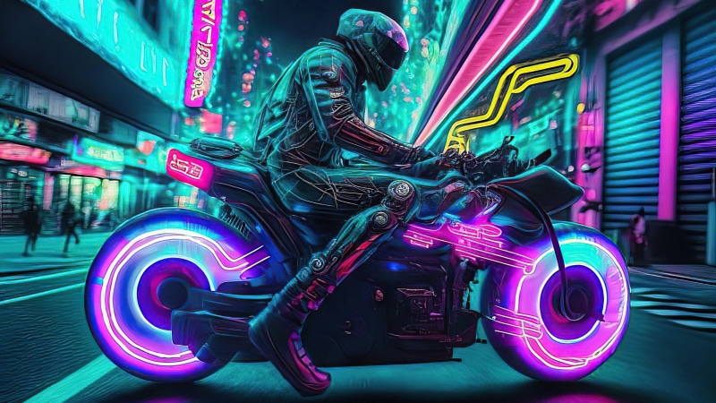 Cyberpunk motorcycle rider in neon city 4K