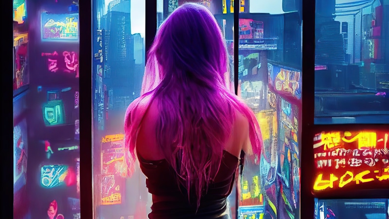 Cyberpunk artwork of a woman with purple hair