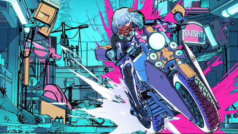 Cyberpunk girl on a motorcycle in a neon city