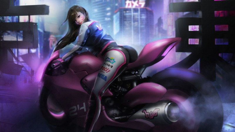 D.Va from Overwatch on a pink motorcycle in a neon city
