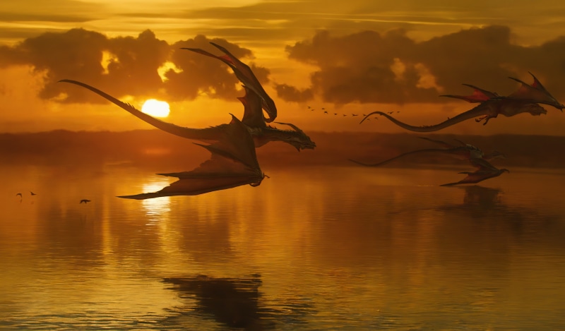 Dragons flying over water at sunset