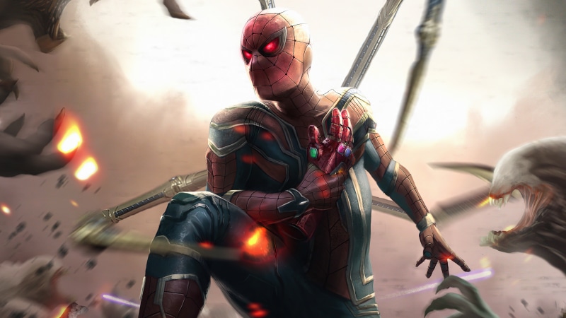 Spider-Man with Infinity Gauntlet fighting aliens