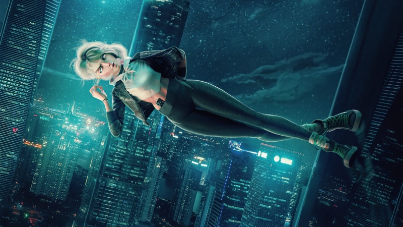 Gwen Stacy flying over a futuristic city at night