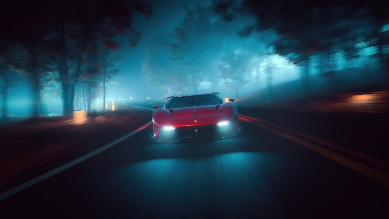 Ferrari P80/C driving on a foggy road