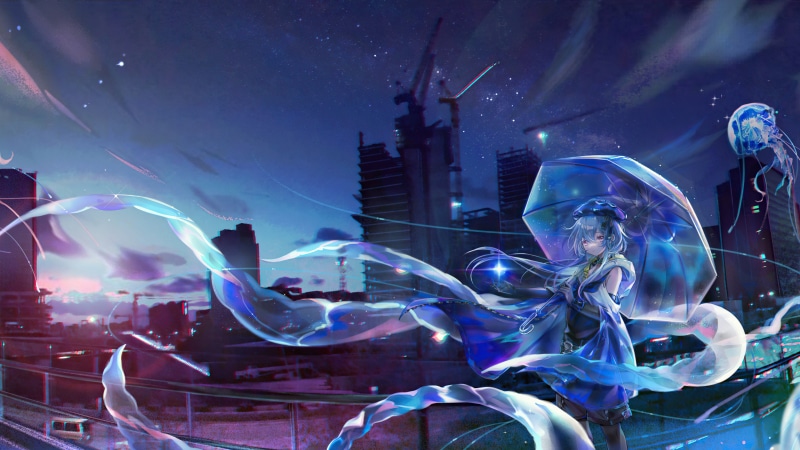 Anime girl with umbrella in a futuristic city