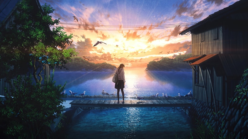 Girl on a pier at sunset with birds