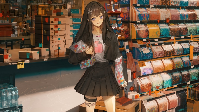 Anime girl in a convenience store holding candy