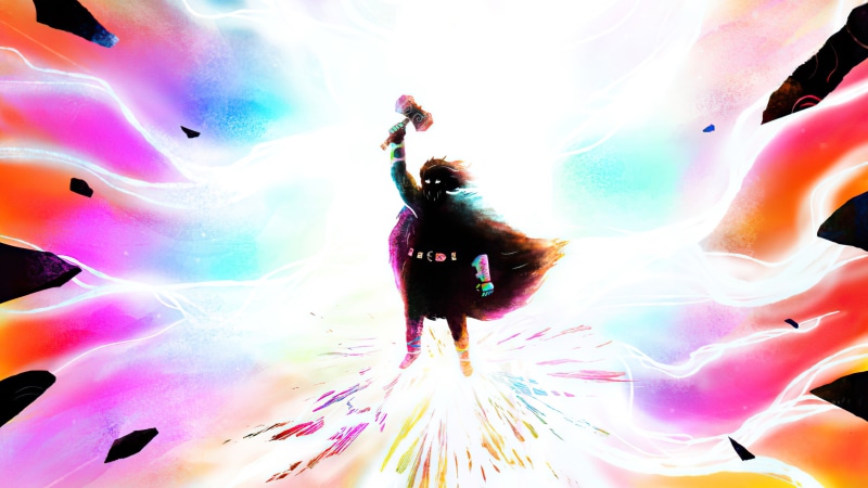 Thor with Mjolnir in a colorful cosmic explosion