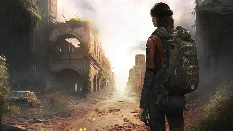 Ellie from The Last of Us Part II in a ruined city