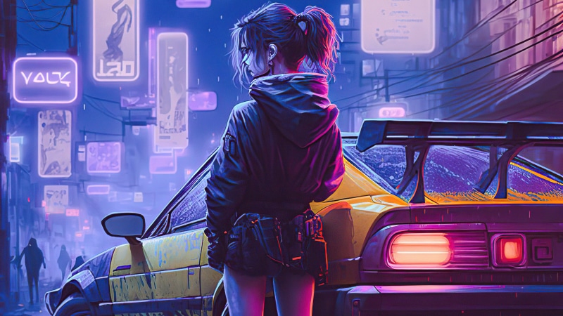Woman in a cyberpunk city with a sports car