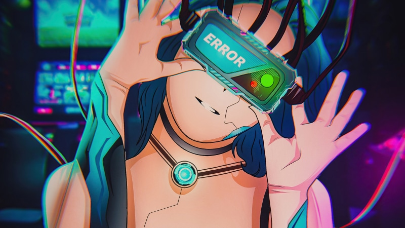 Anime girl with VR headset displaying ERROR