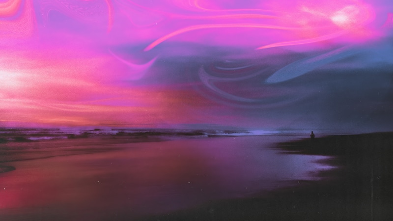 Outrun digital art with a lone figure on a beach