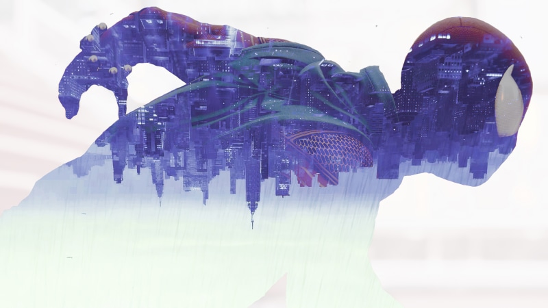 Spider-Man double exposure with city skyline