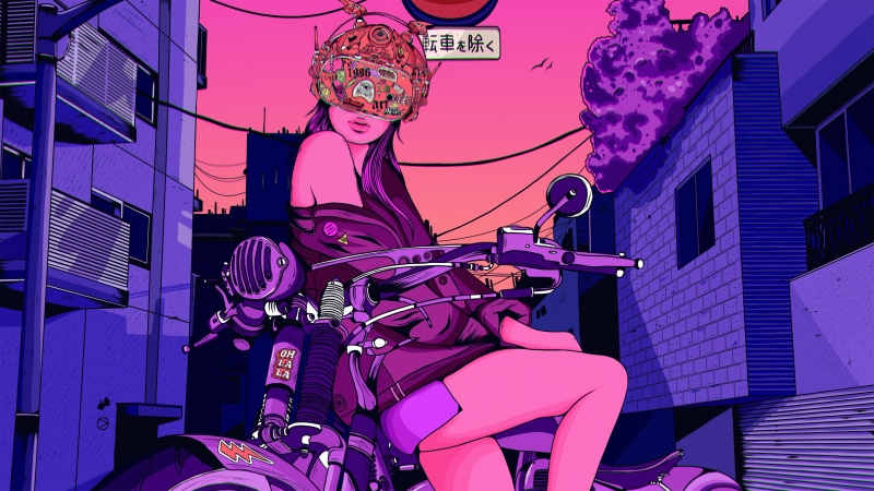 Sci-fi artwork of a woman on a motorcycle