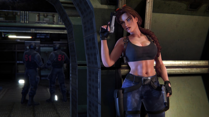 Lara Croft from Tomb Raider holding a pistol