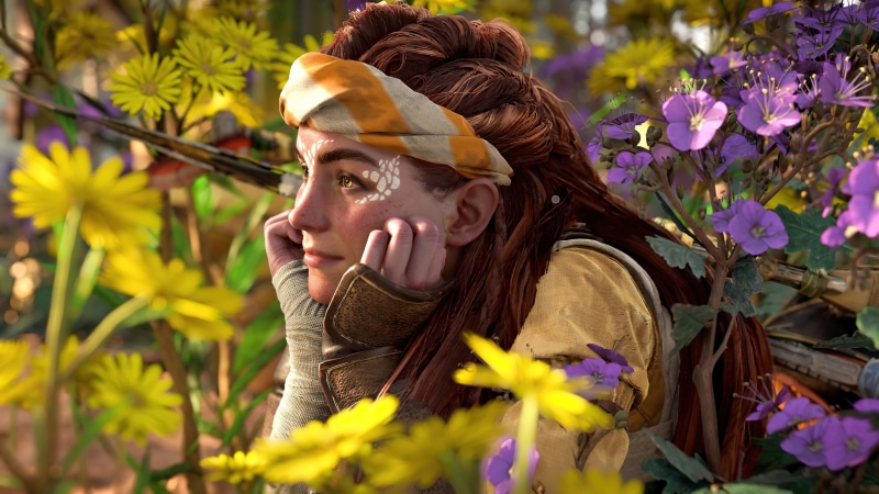 Aloy from Horizon Forbidden West in flowers