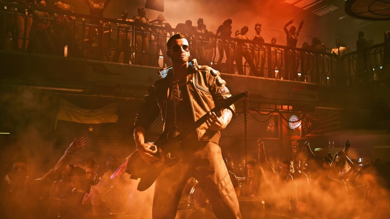 V from Cyberpunk 2077 playing guitar