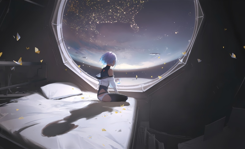 Lucy from Cyberpunk Edgerunners looking out a window