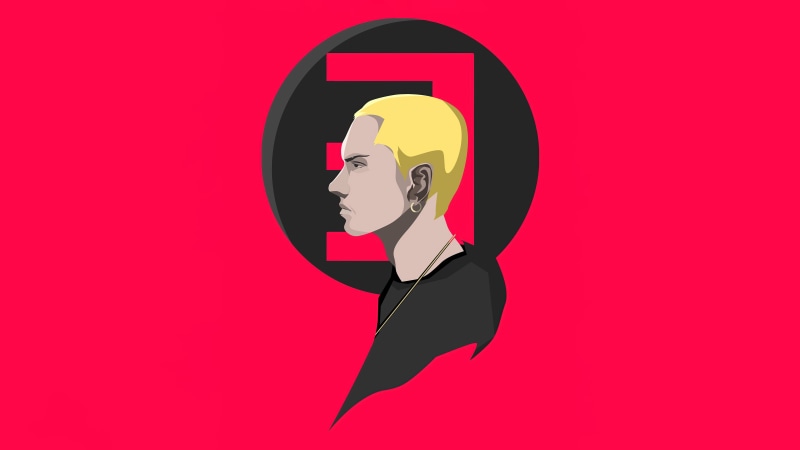 Eminem in front of a stylized E logo