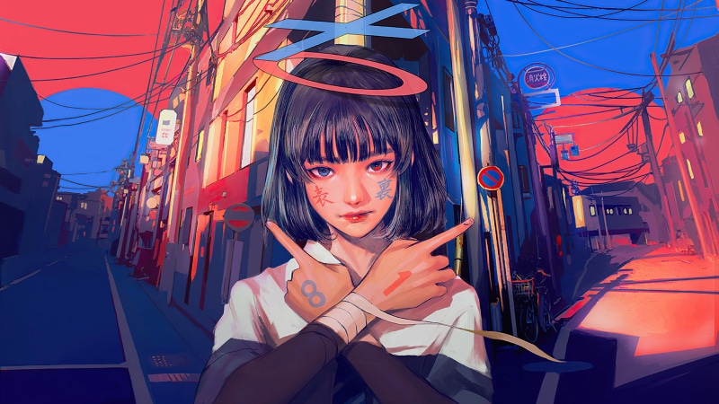 Anime girl with halo and scissors in a city street