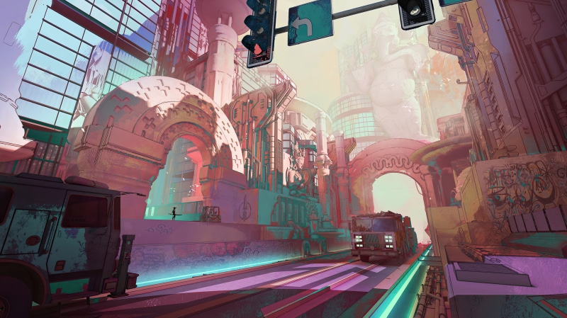 Digital art of a futuristic city with trucks
