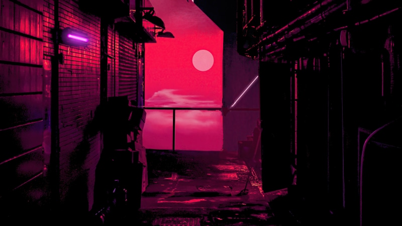 Cyberpunk alley with a pink sunset