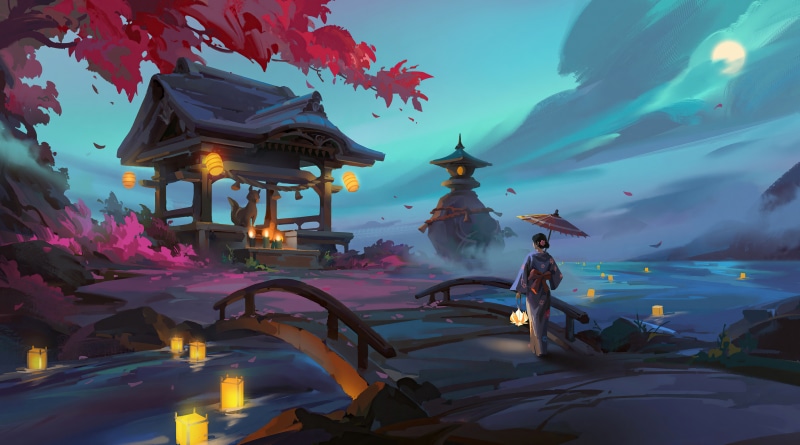 Woman in Kimono with Lanterns at Shrine