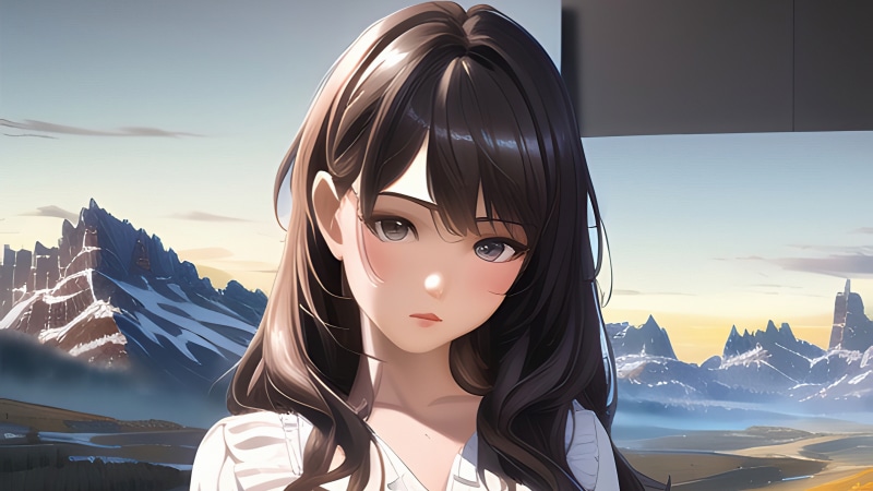 Anime girl with dark hair in front of mountains