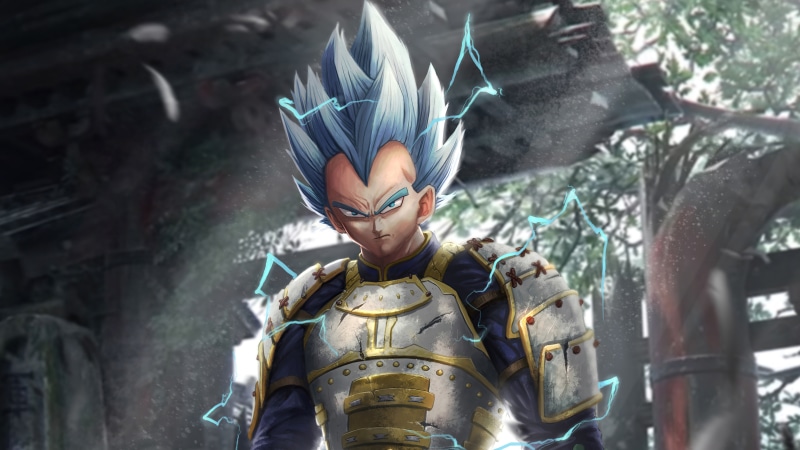 Vegeta from Dragon Ball in armor with blue hair