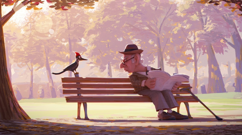 Man reading newspaper with woodpecker on park bench
