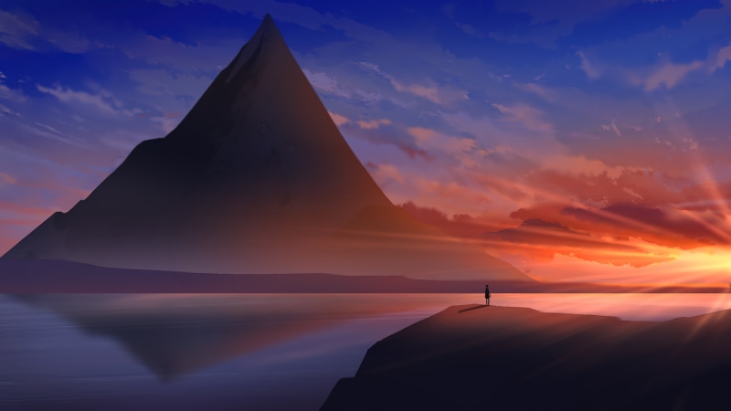 Digital art of a mountain and a sunset over water