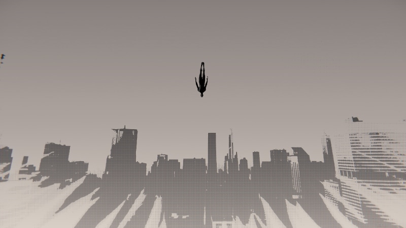 Spider-Man falling over a city skyline
