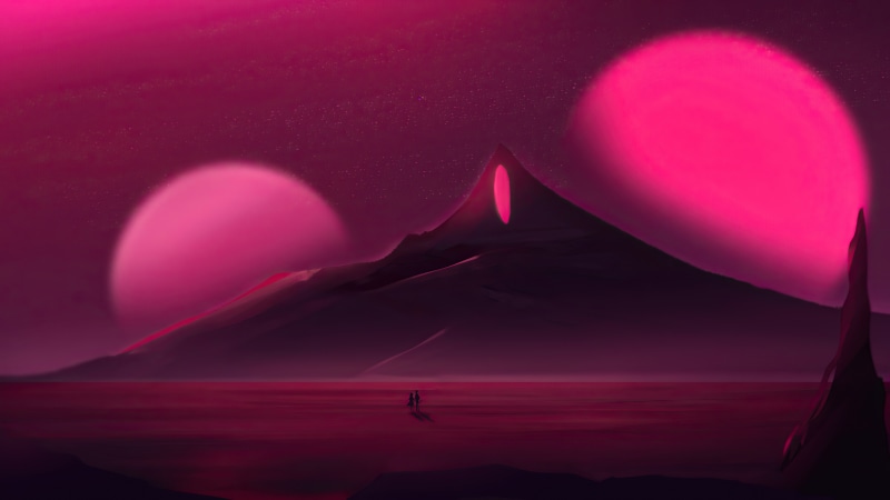 Digital art with two moons and mountains
