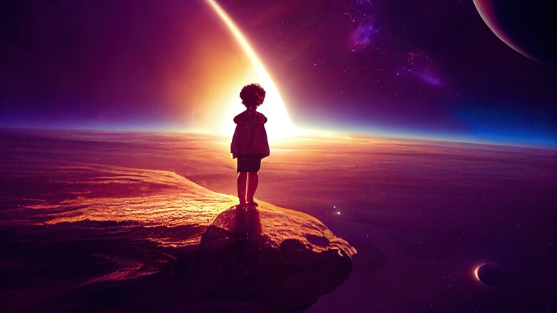 Child standing on cliff overlooking alien planet and nebula