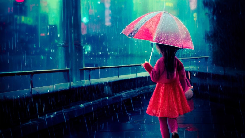 Girl with umbrella in neon rain