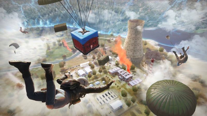 PlayerUnknown's Battlegrounds players parachuting into a battle royale map