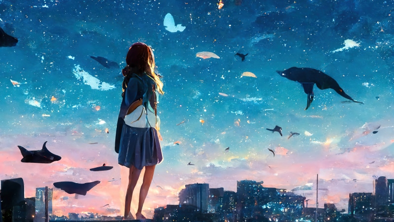 Girl looking at a starry sky with whales and city