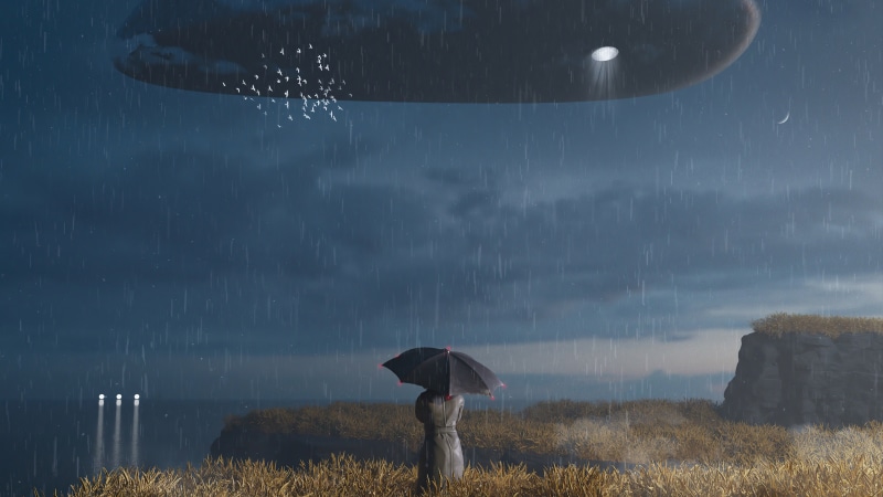 UFO hovering over a person with an umbrella in the rain