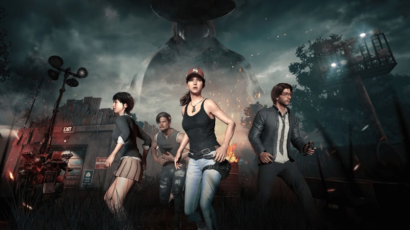Survivors running from a giant figure in a post-apocalyptic setting